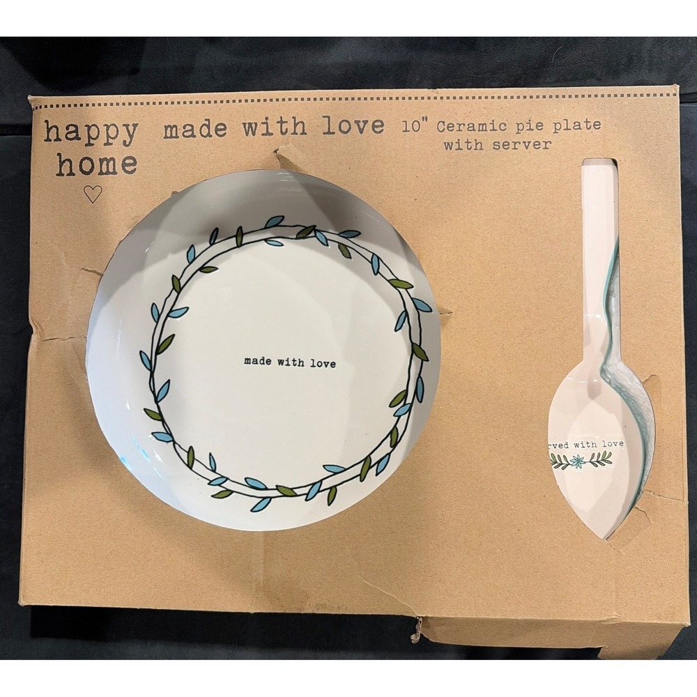 DEI Happy Home Pie Plate and Server Set - 10 Inch - White w/ Teal Trim